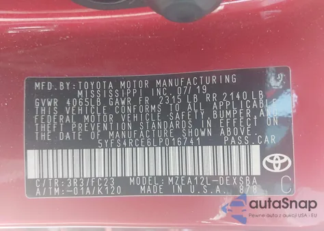 2020 Toyota Corolla Se from USA, damaged, VIN 5YFS4RCE6LP016741